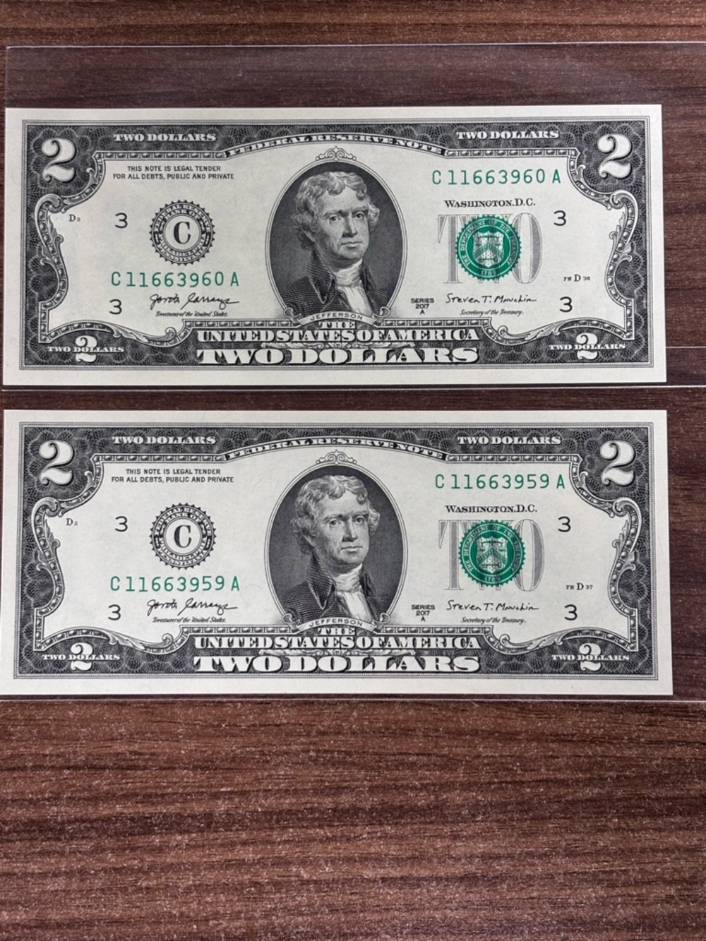 Uncirculated Crisp Two Dollar Bills -Series 2017A $2 Sequential Notes Lot of 2
